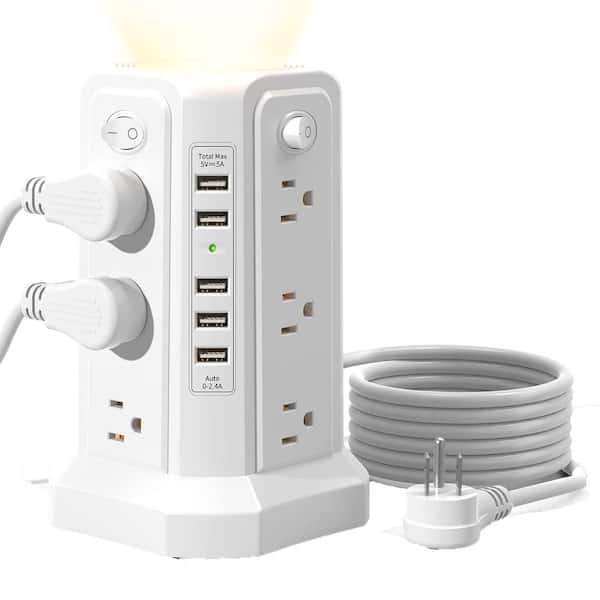 10 ft. Power Strip Tower 12-Outlet AC 1800 Joule Surge Protector Extension Cord with Night Light and 5 USB Ports