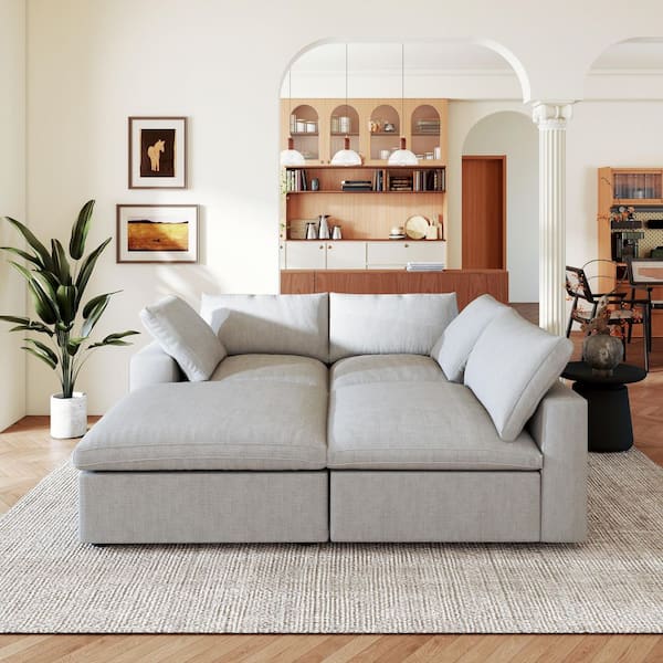 79 in. Modular Gray Linen Down Filled Full Size 3-Seat Convertible Sleeper Sofa Bed with Storage Ottoman, Washable Cover