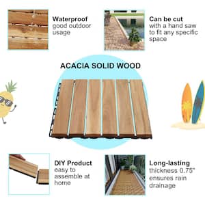 12 in. x12 in. Square Acacia Wood Interlocking Flooring Deck Tiles Stripe Pattern for Patio in Brown (Pack of 10 Tiles)