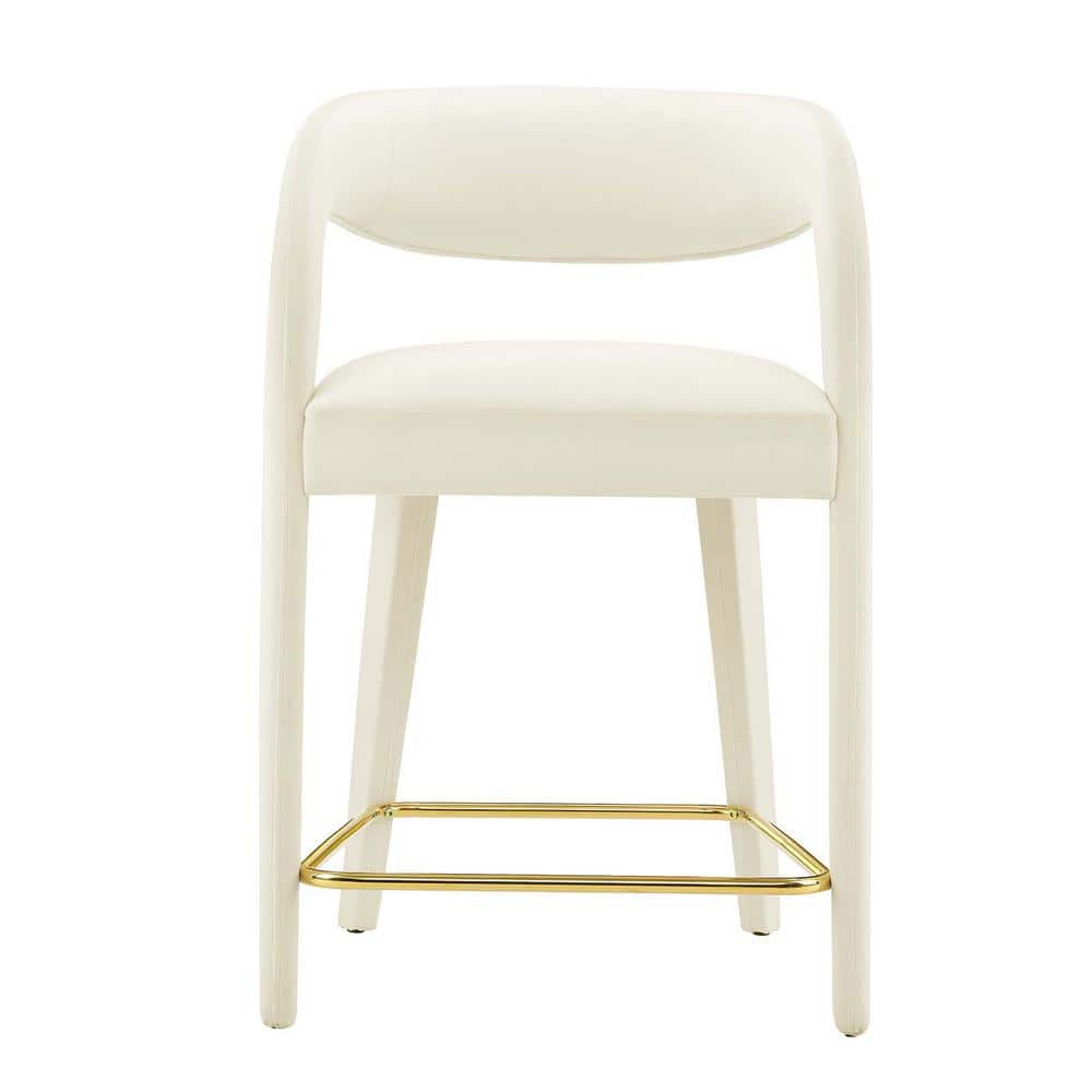 Ivory Gold Velvet Upholstered Counter Stools with Metal Footrest, Set of Two