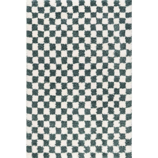 Bettie Retro Checkered Shag Green 9 ft. x 12 ft. Indoor Area Rug