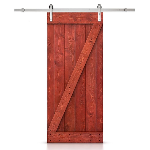 CALHOME Z Bar Series 30 in. x 84 in. Pre-Assembled Cherry Red Stained Wood Interior Sliding Barn Door with Hardware Kit