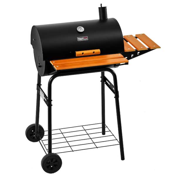 Barrel Charcoal Grill, Wooden Side Shelf With Hooks,BBQ Charcoal Grill for Patio, Black