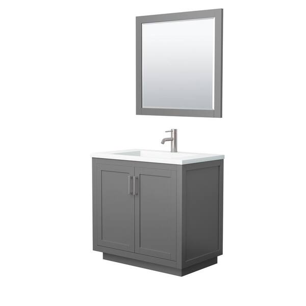 Wyndham Collection Miranda 36 in. W Single Bath Vanity in Dark Gray with Solid Surface Vanity Top in White with White Basin and Mirror