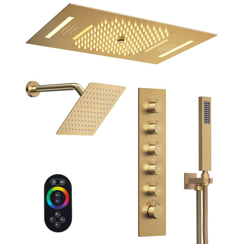 Aurora 23 x 15 in. Mood Light Speaker Shower System with 8 in. Shower Head, Handheld, Thermostatic Valve in Brushed Gold price history on PriceWatchPro
