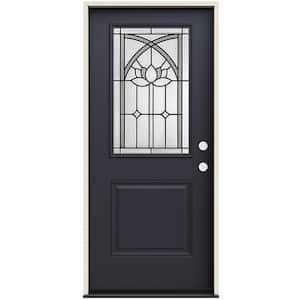 36 in. x 80 in. Left-Hand/Inswing 1/2 Lite Ardsley Decorative Glass Black Steel Prehung Front Door