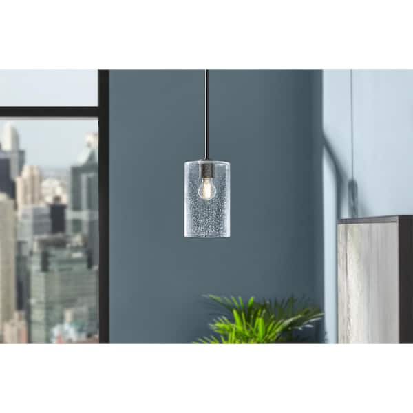 Helenwood 1-Light Matte Black Craftsman Pendant Light with Clear Seeded Glass Shade
