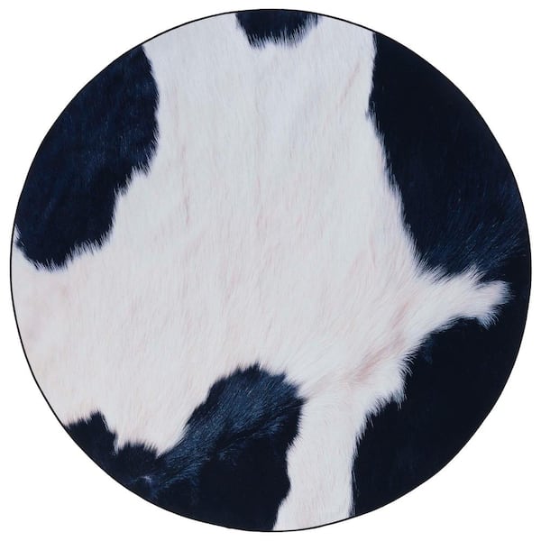 Faux Hide Ivory/Dark Blue 4 ft. x 4 ft. Machine Washable Animal Print Round Area Rug