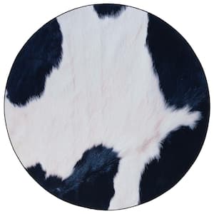 Faux Hide Ivory/Dark Blue 6 ft. x 6 ft. Machine Washable Animal Print Round Area Rug