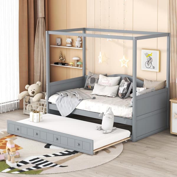 Harper & Bright Designs Gray Wood Frame Twin Size Canopy Bed, Daybed with Trundle