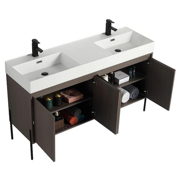 Crownpoint 60 in. Freestanding Double Gray Oak Bathroom Vanity with White Acrylic Sink Top Unassembled