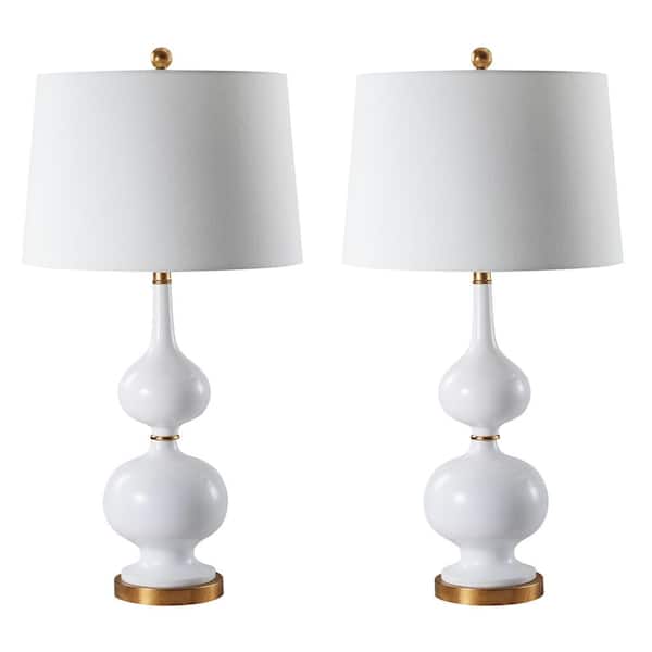 SAFAVIEH Myla 31 in. White/Gold Double Gourd Table Lamp with Off-White Shade (Set of 2)