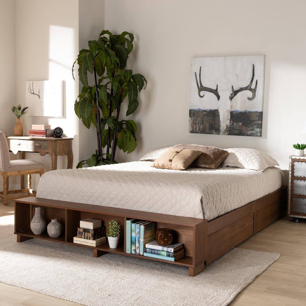 Arthur Full Size Ash Walnut Brown Wood Platform Bed with Storage