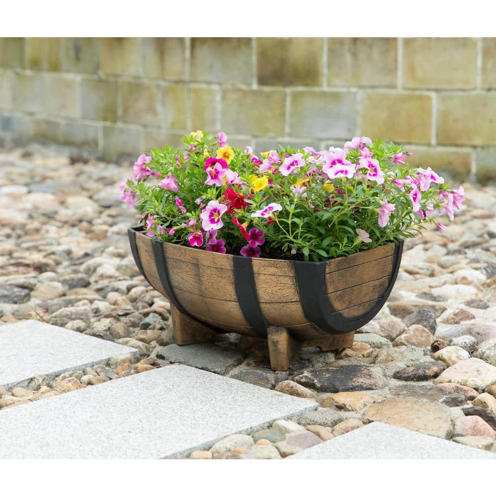 Rustic Brown and Black Plastic Half Barrel Planter Set
