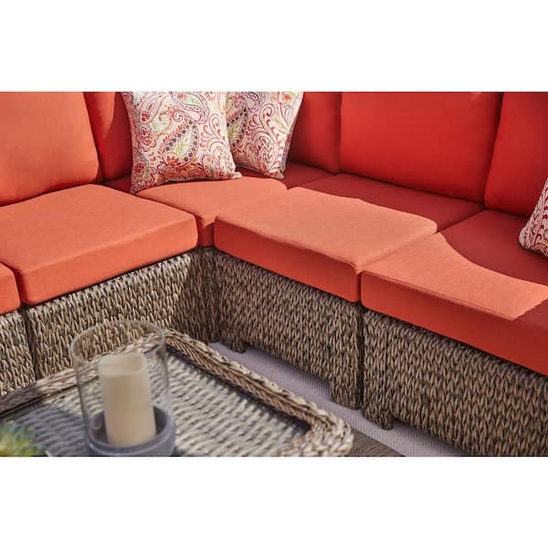 Hampton Bay Laguna Point 5 Piece Brown Wicker Outdoor Patio Sectional Sofa Set with CushionGuard Quarry Red Cushions 65 516183D 5 The Home Depot