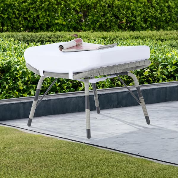 BFB Gray Wicker Outdoor Ottoman with White Cushion 1 Pack