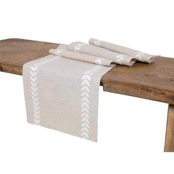 15 in. x 70 in. Cute Leaves Crewel Embroidered Table Runner, White/Natural