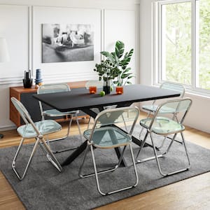 Lawrence 7-Piece Dining Set with Acrylic Foldable Chairs and Rectangular Table with Geometric Base, Jade Green