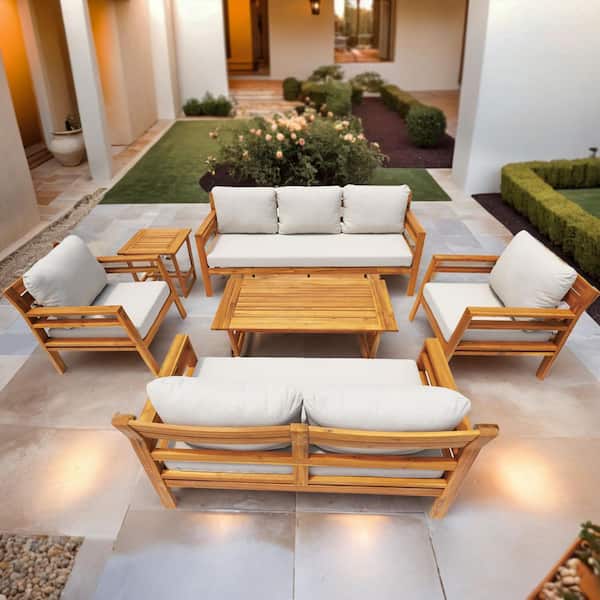 Dayo 6-Piece Acacia Wood Patio Conversation Set With Gray Cushions