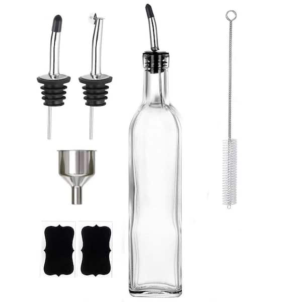 17oz. Glass Clear Oil and Vinegar Dispenser Bottle with 2 Stainless Steel Pourers, 2 Labels,1 Brush and 1 Funnel