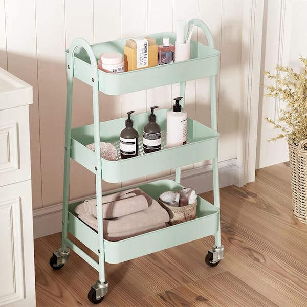 3-layer practical mobile trolley, metal movable storage rack, with lockable casters in Green