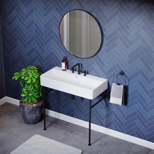 Swiss Madison 36 in. W Carre Ceramic White Console Sink With Matte Black Legs and 8 in. Widespread Faucet Holes