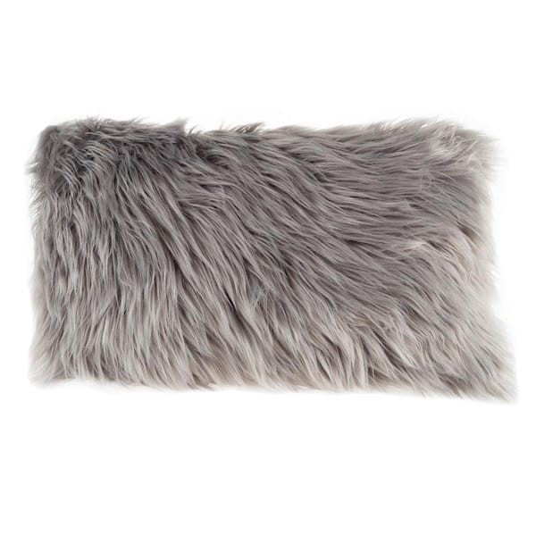 Gray 12 in. W x 20 in. L Faux Himalayan Fur Lumbar Decorative Throw Pillow