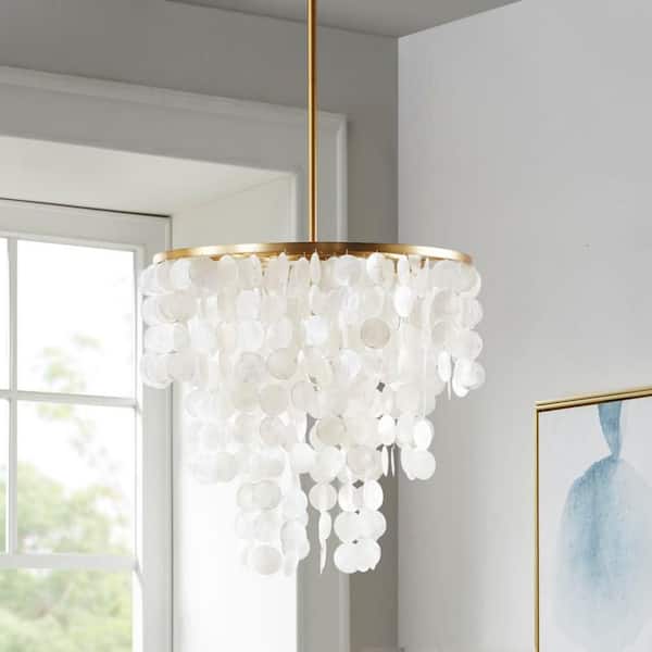 67 in. White 1-Light Natural Shell Layered Pendant Light with Gold Finish Base for Living Room, Dining Room and Entryway