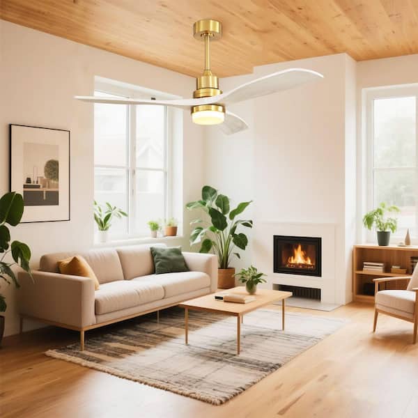 Nimis 52 in. Gold White Downrod Standard Ceiling Fan with Integrated LED with Remote Included DC Motor