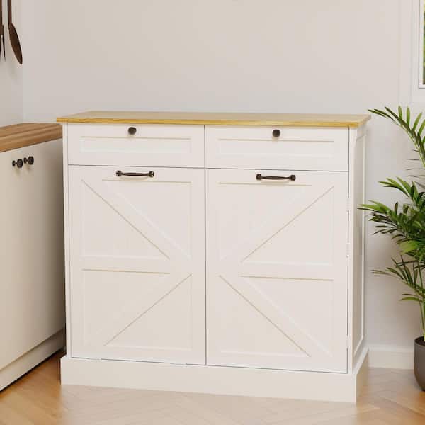 FAMYYT Kitchen Trash Can Storage Cabinet White Wood Tabletop 40 in. Kitchen Island with 2 Drawers & 1 Tilt Out Trash Cabinet