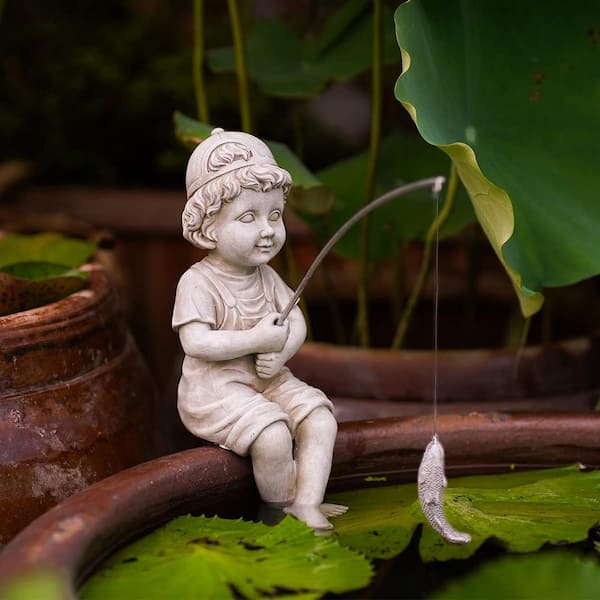 Goodeco 11 in. Fishing Boy Statue Great for Outdoor Garden Decor