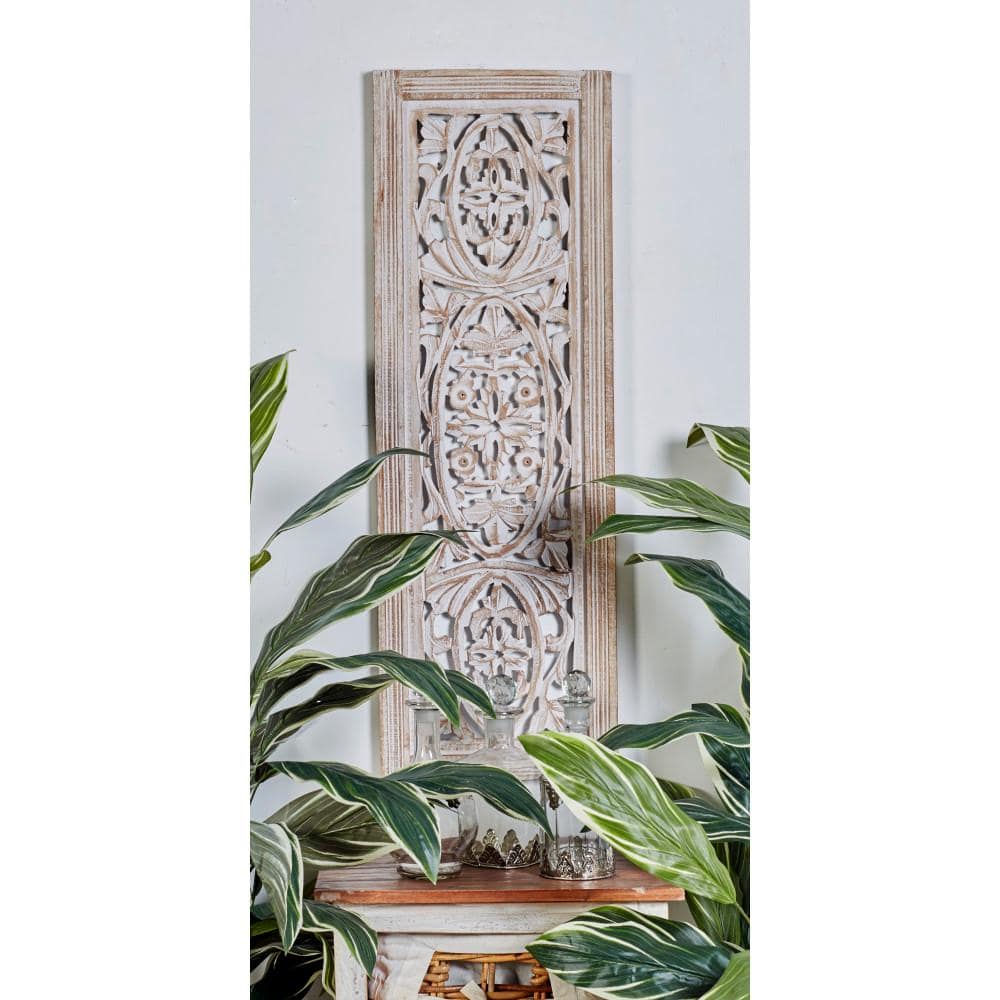 DecMode Neutral Cream/Distressed Wood Traditional Mango Carved Wood Leaves Wall Decor  12 L x 36 H  1-Piece