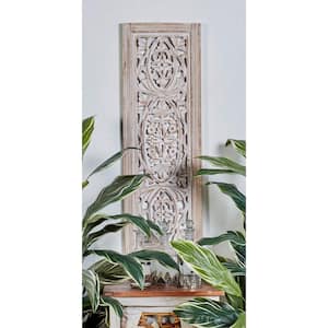 12 in. x  36 in. Mango Wood Cream Handmade Intricately Carved Arabesque Floral Wall Decor