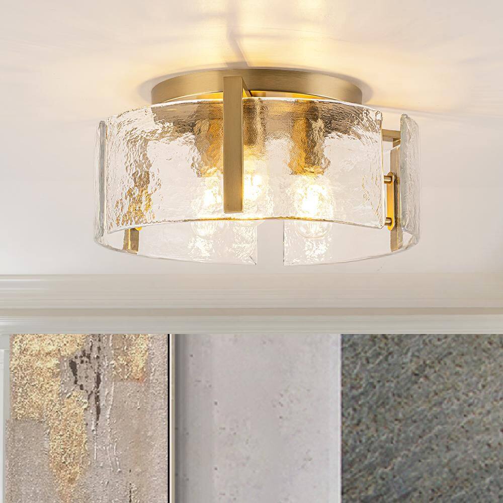 Lumin 3-Light 15 in.W Round Drum Brushed Brass Industrial Semi-Flush Mount with Ripple Glass for Bedroom price history on PriceWatchPro