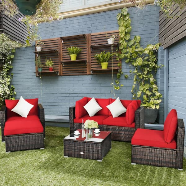 6-Piece Wicker Outdoor Patio Conversation Set Rattan Furniture Sofa Set with Red Sectional Cushions