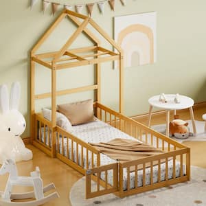 Natural Twin Wooden House Bed with Integrated Detachable Clothes Drying Rack and Headboard