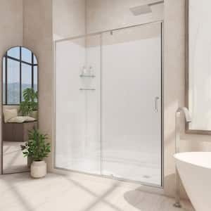 36 in. D x 60 in. W x 78 3/4 in. H Pivot Semi-Frameless Shower Door Base and White Wall Kit in Brushed Nickel