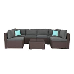 7-Piece Wine Red Wicker Patio Outdoor Sectional Sofa Set with Grey Cushions, Ottoman