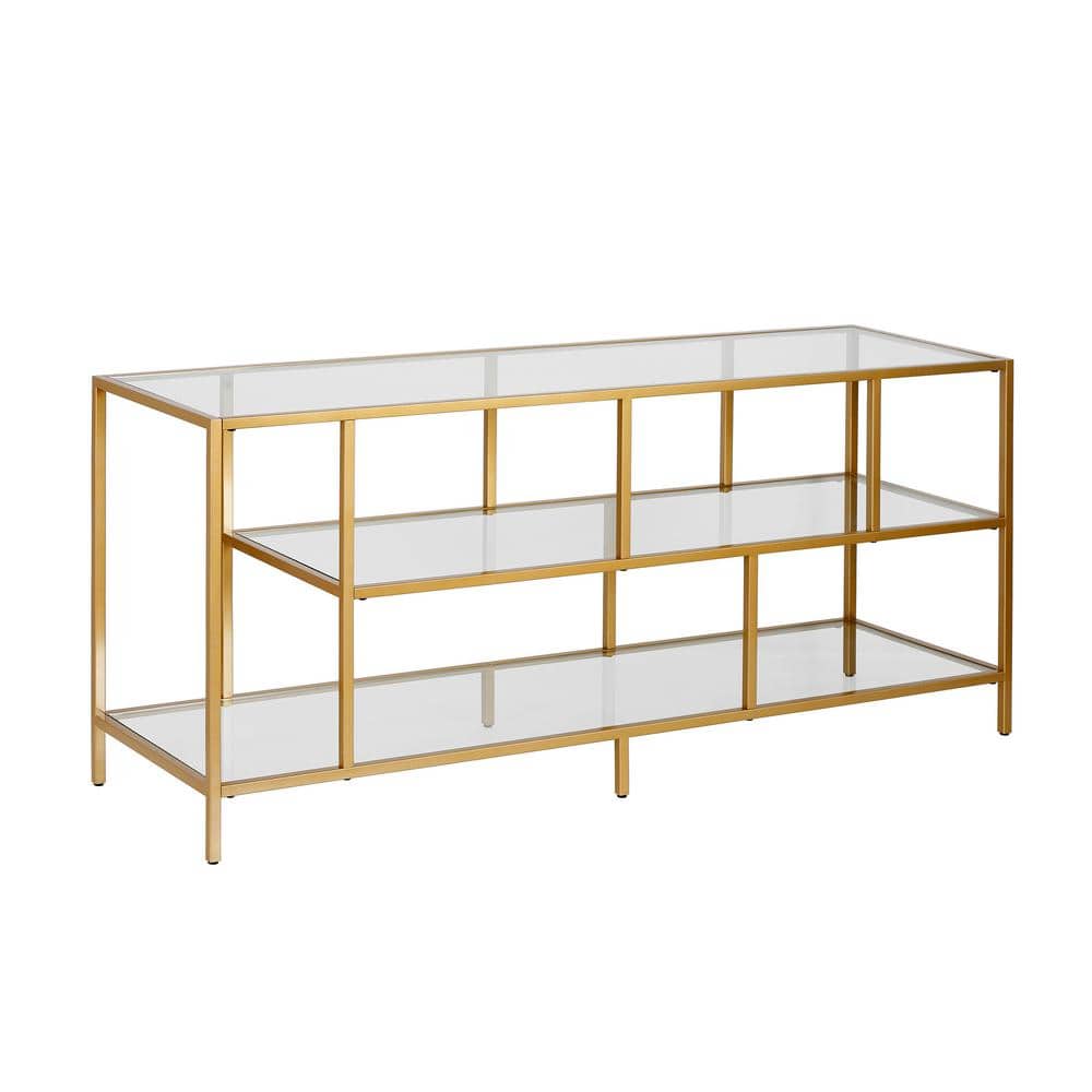 Winthrop 55" White Brass TV Stand with Tempered Glass Shelves