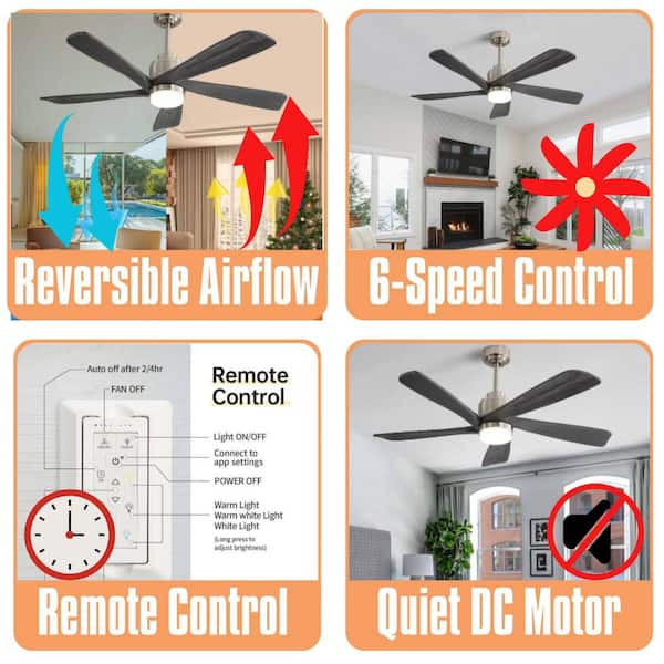 Modern Series 52 in. Smart Indoor Gray 5-Blade Ceiling Fan with Dimmable LED Light with Remote Included,Downrod Mount