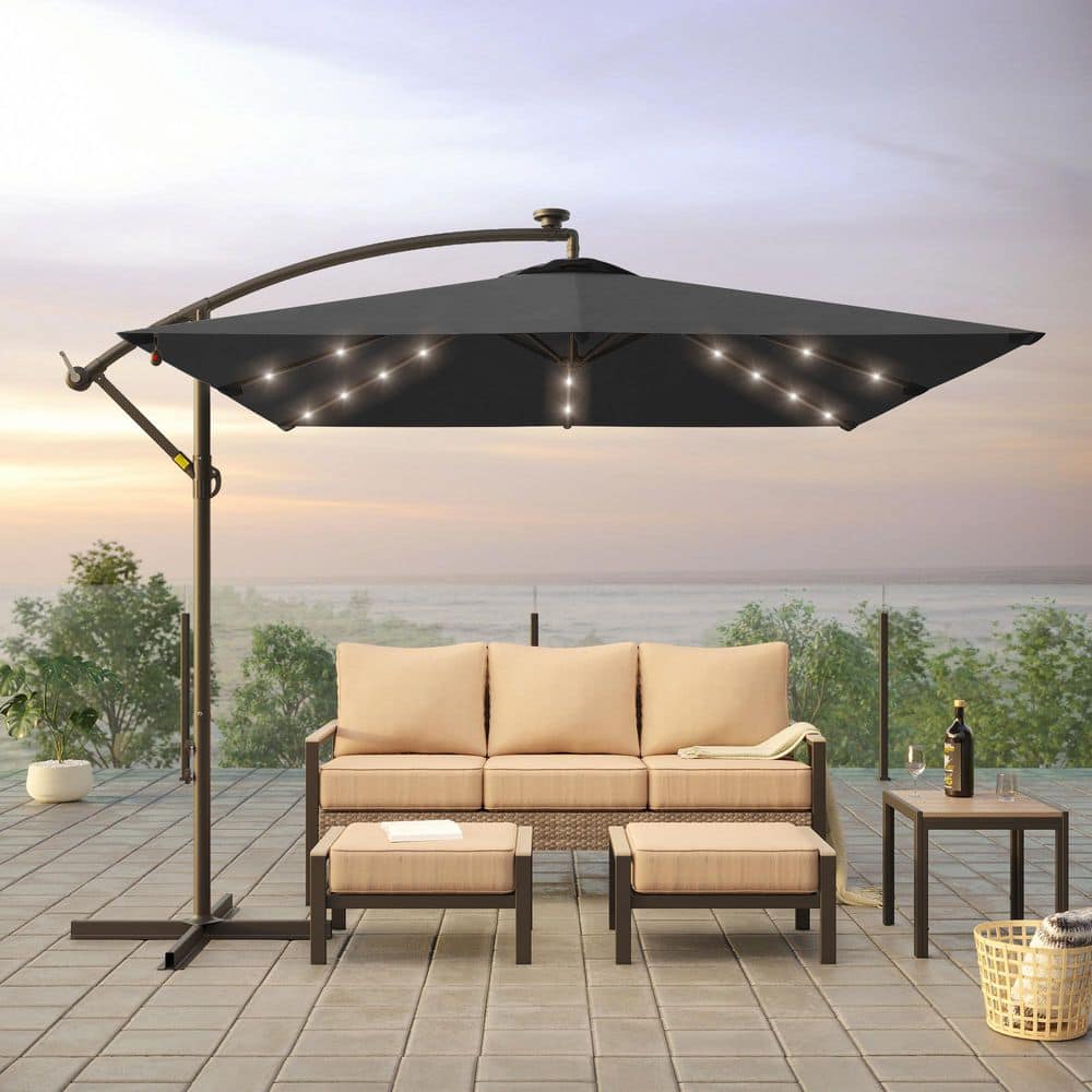 Sonkuki 8.2 ft. x 8.2 ft. Patio Offset Cantilever Umbrella With LED Lights, Rectangular Canopy, Steel Pole and Ribs in Black