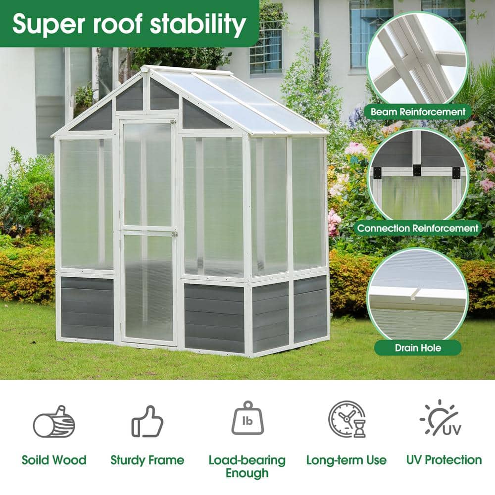 White and Gray Polycarbonate Walk-In Greenhouse with Pine Wood Frame