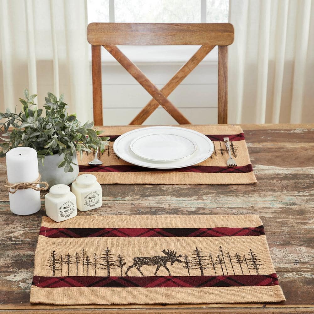 Cumberland Tan and Red Plaid Moose Cotton Placemats Set of 2