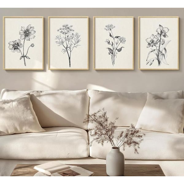 Unbranded 4-Piece Neutral Framed Black and White Floral Wall Art Set - Rustic, Minimalist Canvas Prints for Living Room and more