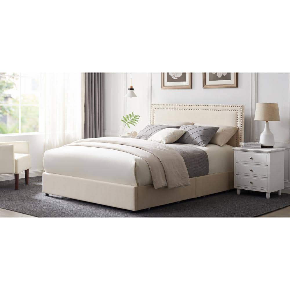 Beige Velvet Upholstered Queen Platform Bed with Storage Drawers