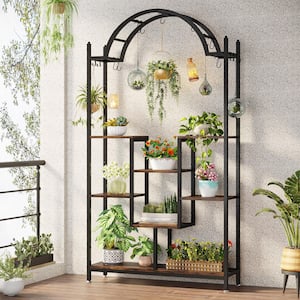Wellston 74.8 in. Rustic Brown Specialty Wood Indoor Plant Stand with 5-Tiers Storage Shelves, 14 Hooks and Footpads