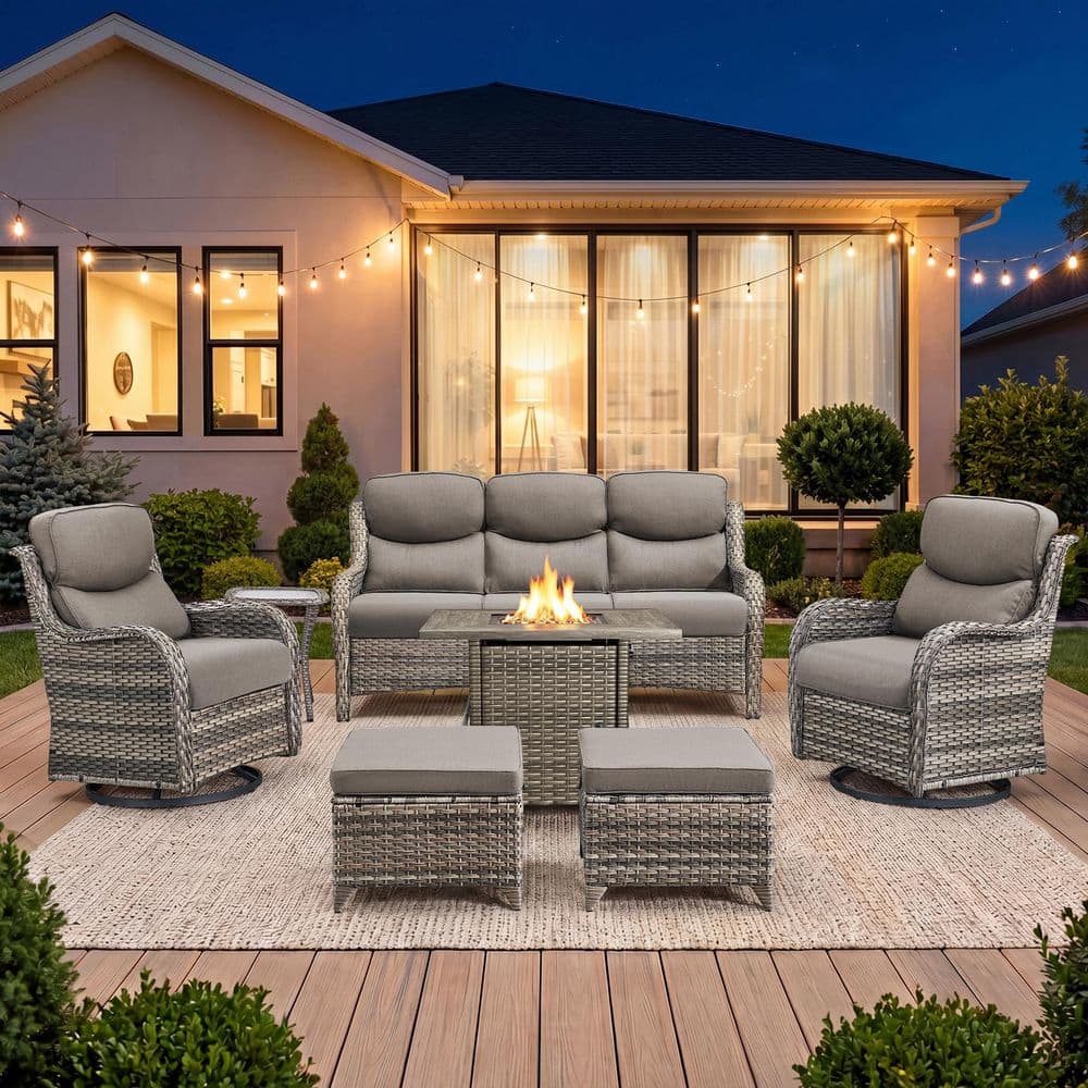 Sialion Gray 7-Piece Patio Conversation Set with 5 in. Gray Cushions, Swivel Glider Chairs and Propane Fire Pit Table price history on PriceWatchPro