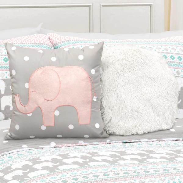 ELEPHANT STRIPE QUILT SET Twin or Queen Reversible Animal Pink/Grey/Turquoise 