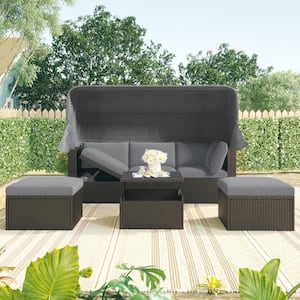 4-Piece PE Wicker Outdoor Day Bed with Gray Cushion and Retractable Canopy Patio Furniture Set Sectional Sofa Seating