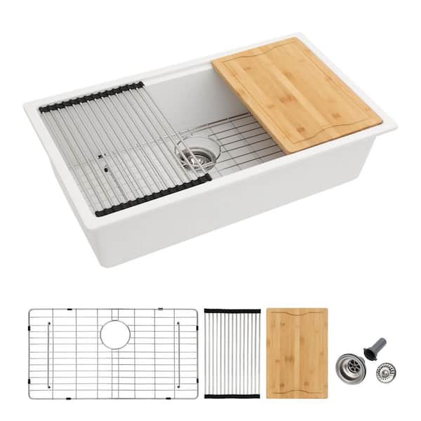 32 in. Undermount Single Bowl Matte White Granite Composite Kitchen Workstation Sink with All In One Accessories